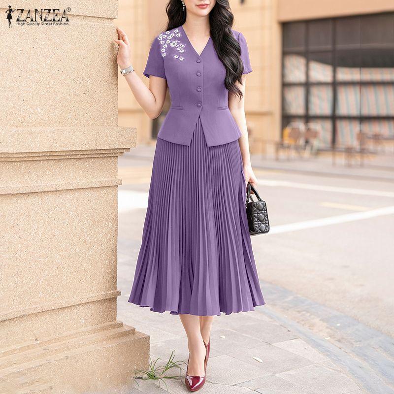 ZANZEA Women Short Sleeve Slim Blouse and Pleated Skirts Summer Two Piece Suit Sets