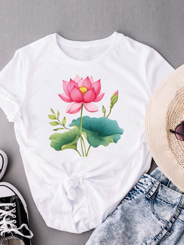 (Asian Size) flower watercolor cute Casual Women's Top Print Short Sleeve T-shirts T Clothing O-neck Fashion Female Graphic Tee