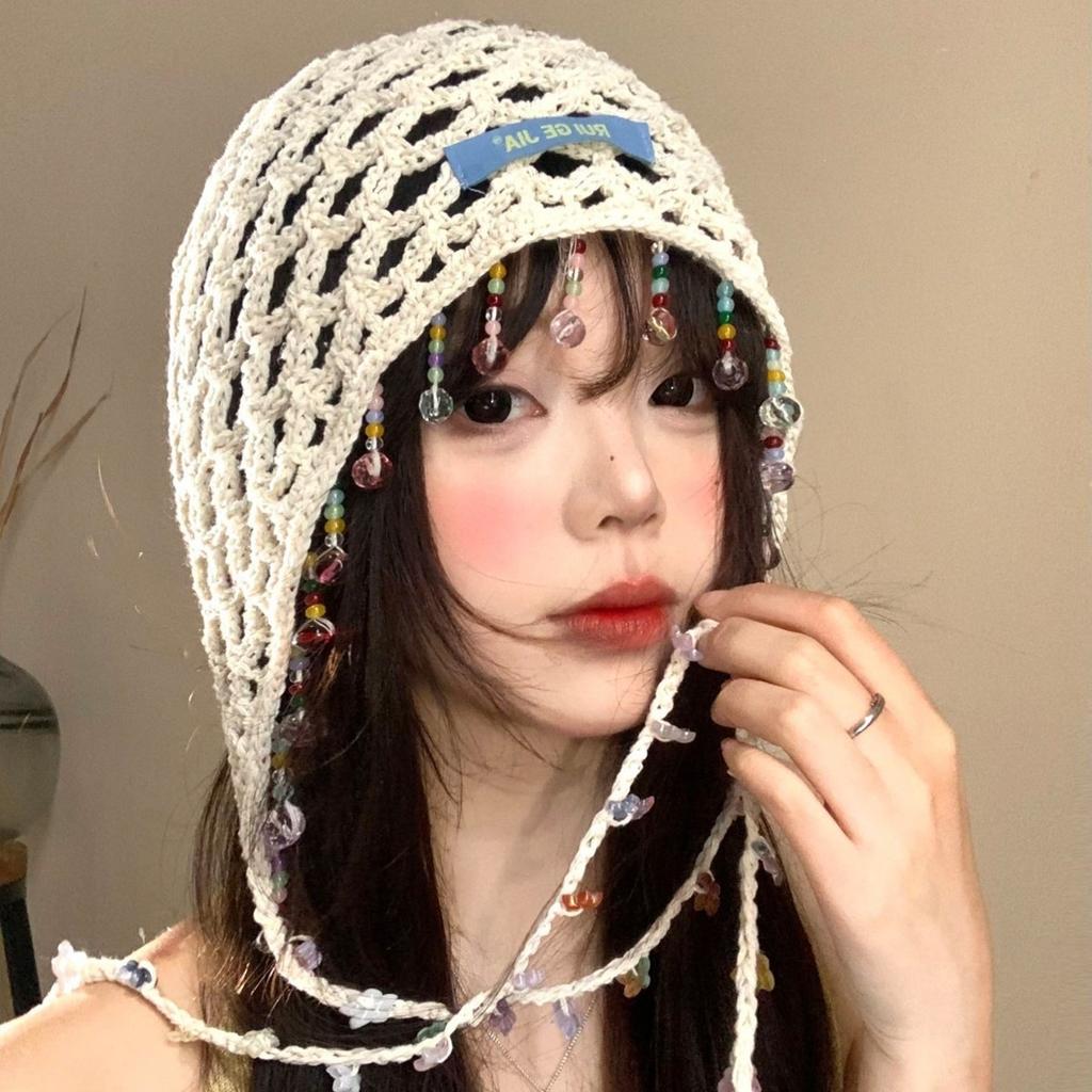 Bohemian beaded fringed pendant hollow knitted headgear women's summer travel retro ethnic style pullover hat