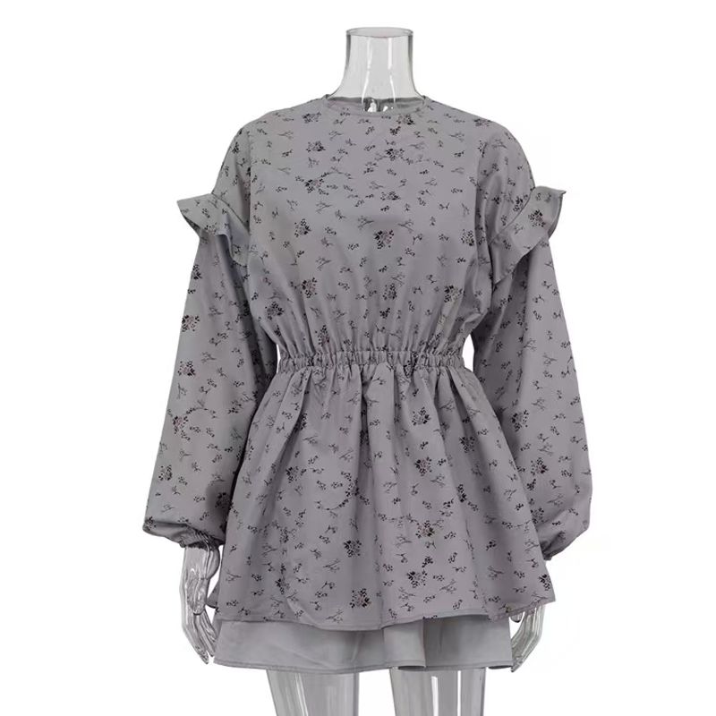 

Fashion Wind Floral Puff Sleeves Elastic and Waisted Dress round Neck Bubble Sleeve Dress Gray M