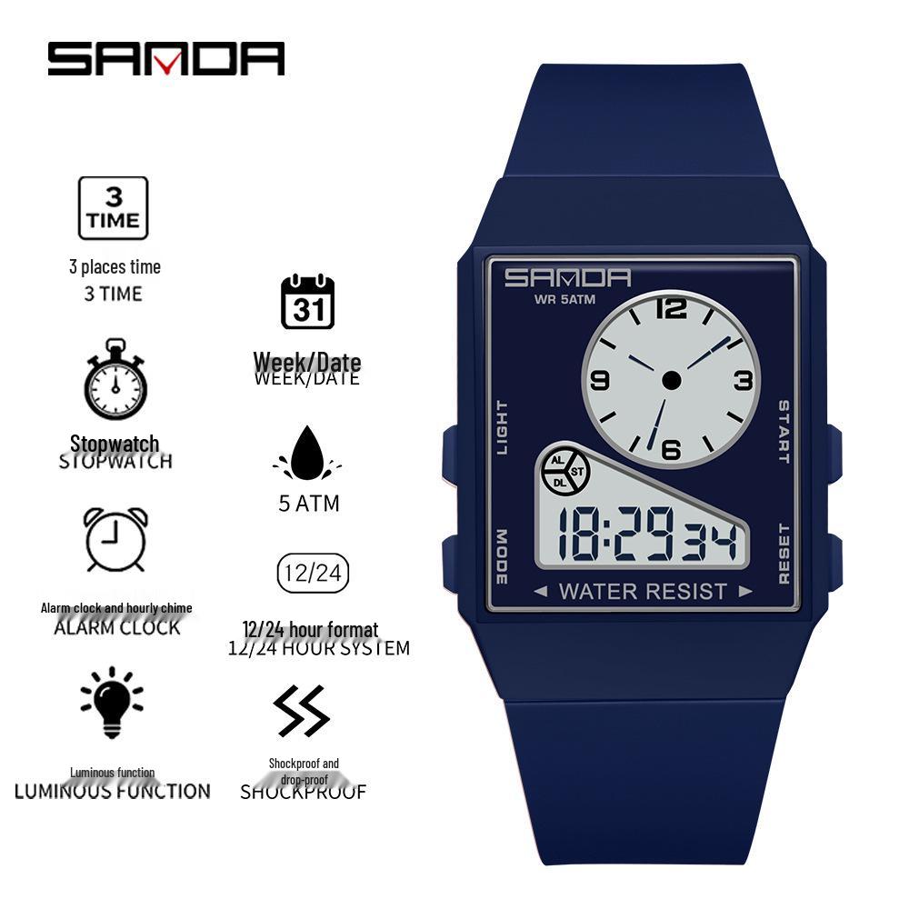 Sanda Lightweight Minimalist Sports Watch: Multi-functional Square Electronic Wristwatch for Men and Women