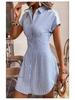 2026 Women's Blue Striped Short-Sleeve Mid-Length Shirt Dress