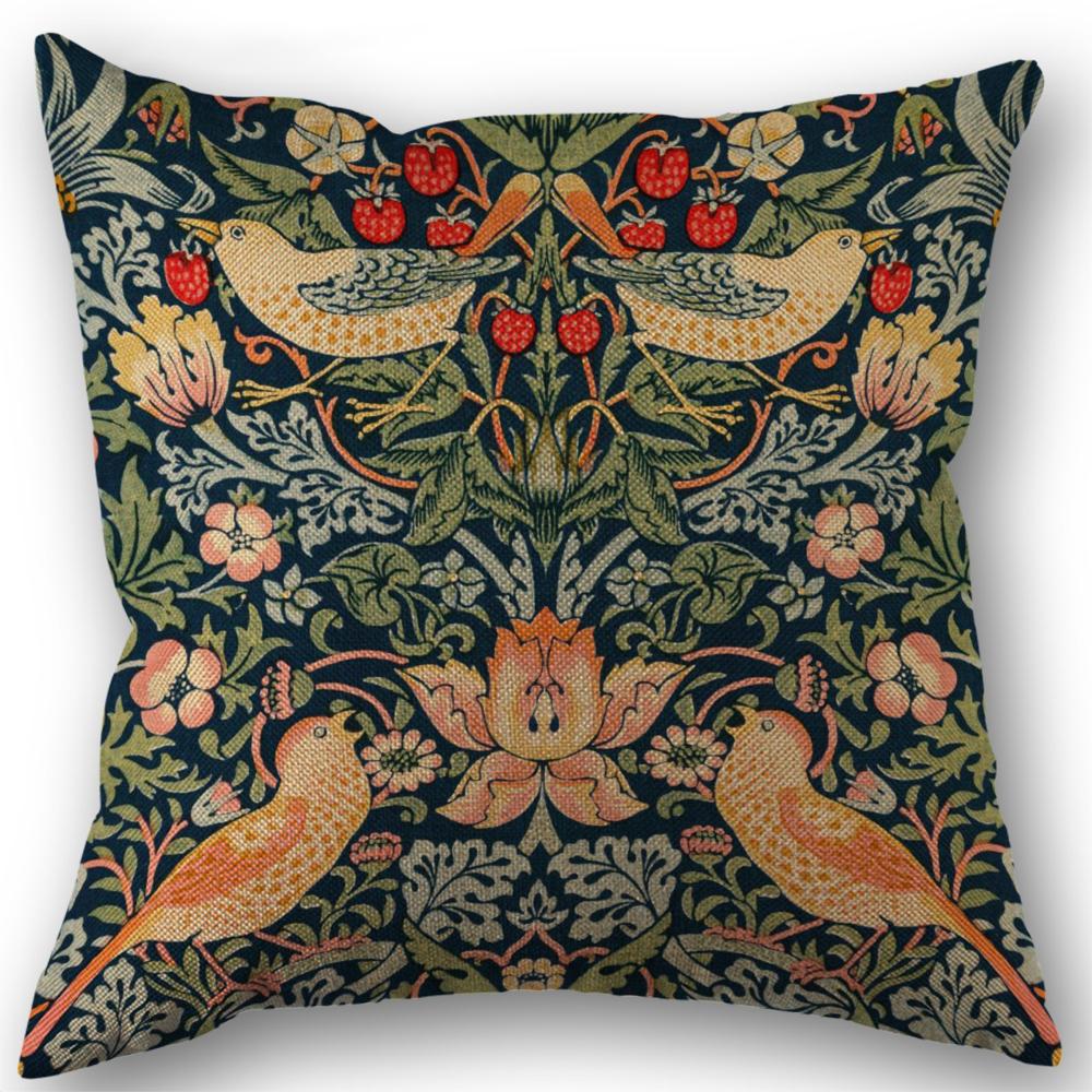 Bird Floral Botanical Green Linen Throw Pillow Covers Traditional Classic Art Pillow Covers, Decorative Cushion Covers 45X45cm