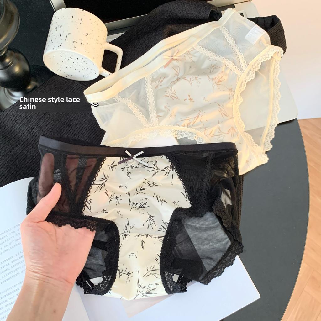 Large Size Women Spring and Autumn New Chinese Sexy Pure Desire Mesh Lace Mid Waist Underwear