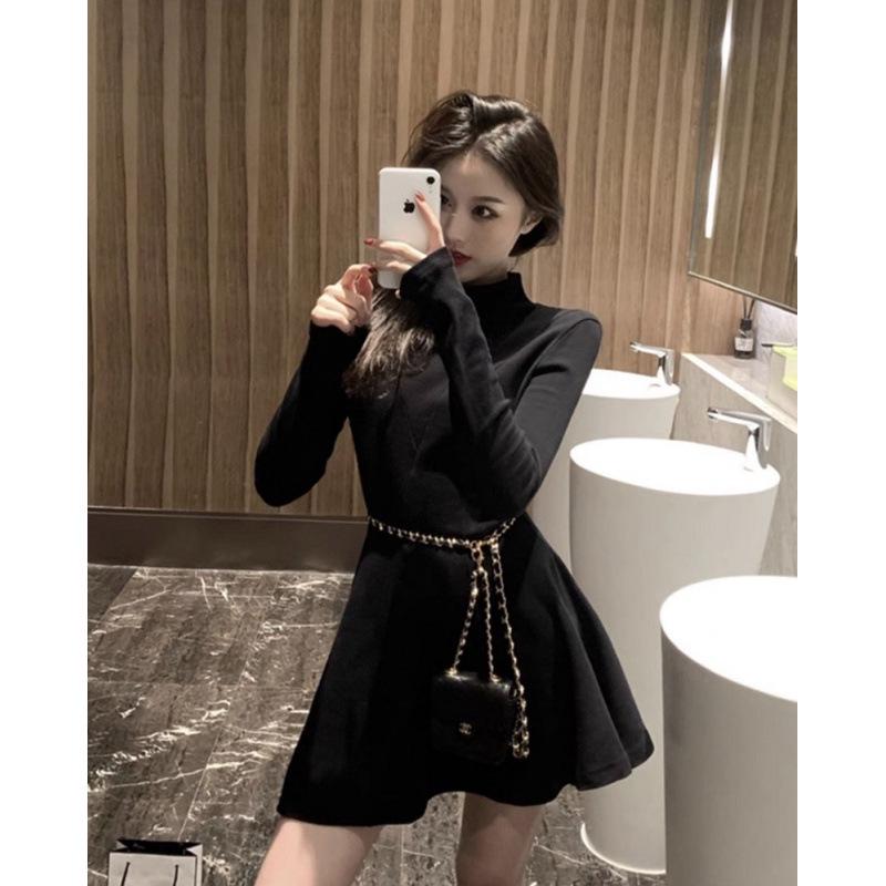 Women's Petite High-Neck Cinched-Waist Thermal Fleece Dress - Slimming A-Line Base Layer