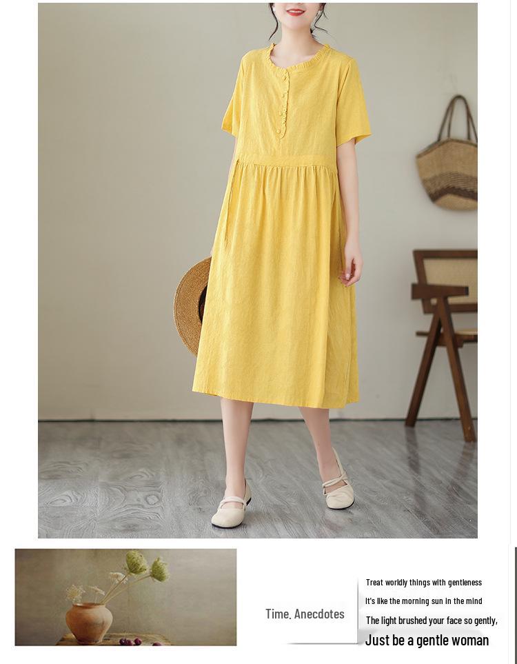 2025 Summer Retro Chinese Style Loose Jacquard Dress - Mid-Length Solid Color Skirt