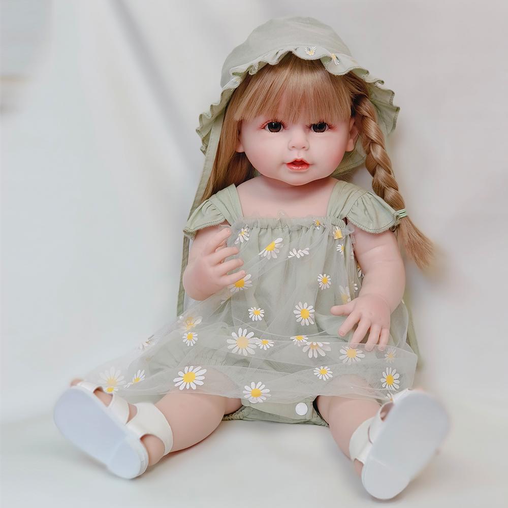 55CM reborn batolecí panenka s růžovými šaty Celotělové měkké silikonové realistické jemné na dotek Vysoce kvalitní dárky pro panenky