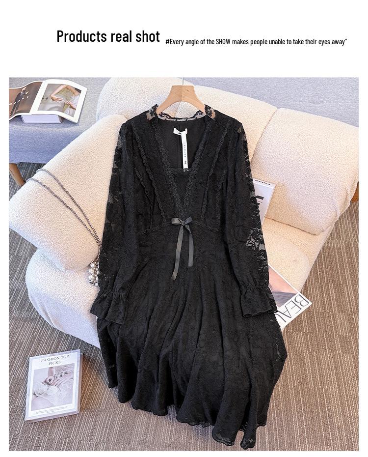 Plus Size Women's Lace Dress with Velvet Lining - Autumn/Winter, Elegant Slimming Skirt for 130-300 lbs