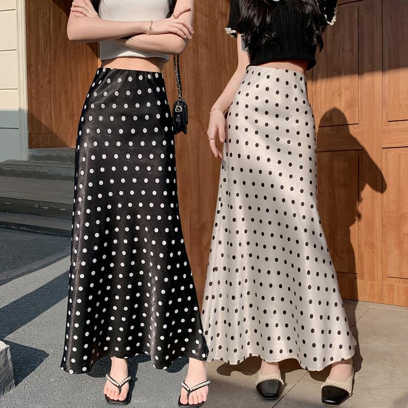 Satin Polka Dot Mermaid Skirt - Flowy Bodycon Midaxi High Waist Flattering Skirt for Women