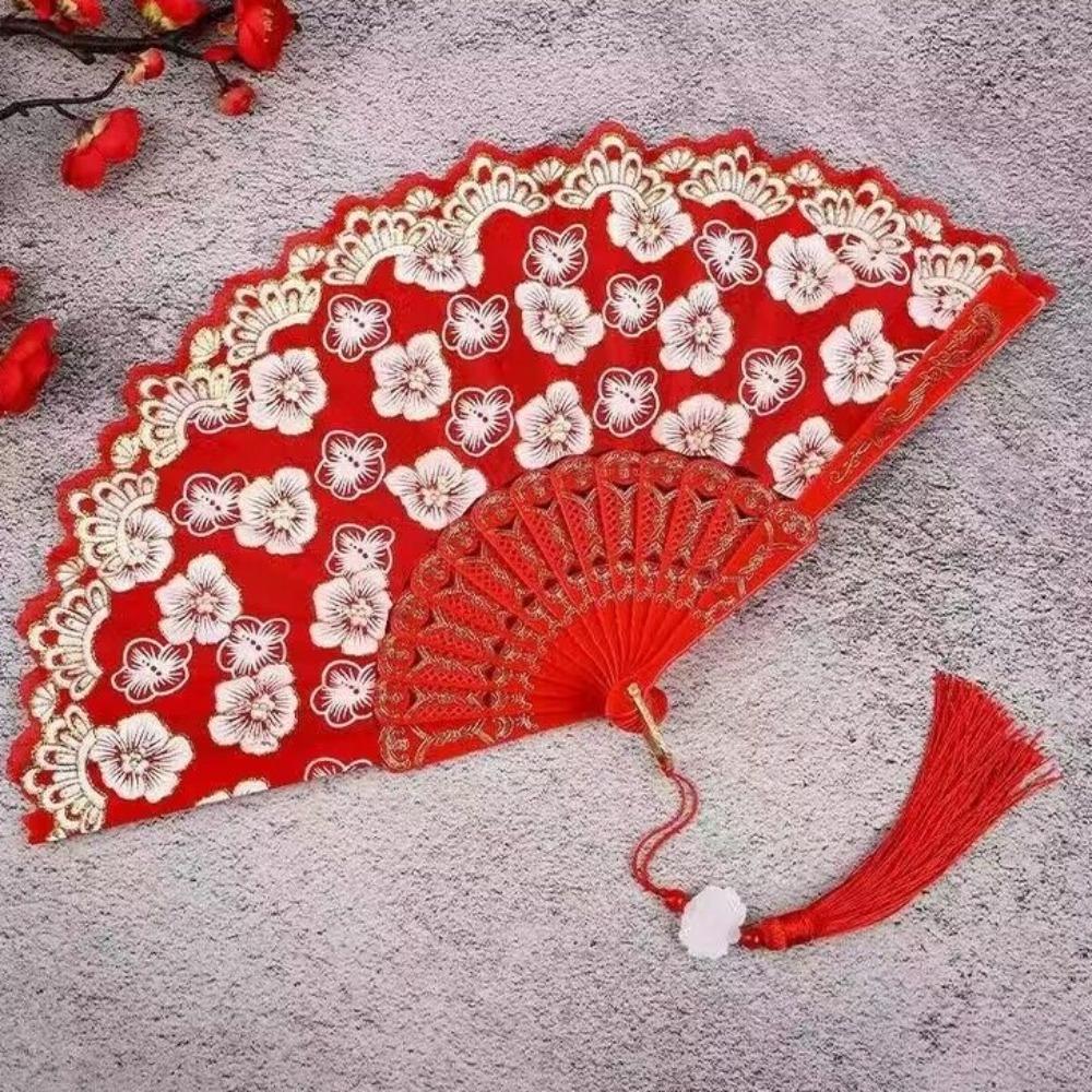 Elegant Flower Pattern Chinese Folding Fan Vintage Portable Handheld Fan Traditional with Tassel Decorative Fan Photo Prop красный