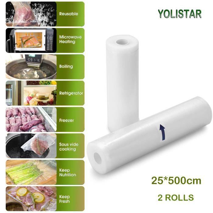 Sacs Sous vide Pack de 2 rouleaux 25x500cm, Sac sous vide alimentaire pour appareil sous vide, économiseur de nourriture et sous vi