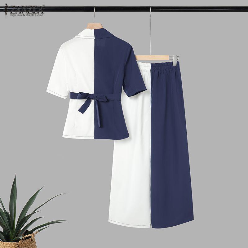 ZANZEA Women Patchwork Short Sleeve Blouse and Long Pants Casual Two Piece Suit Sets
