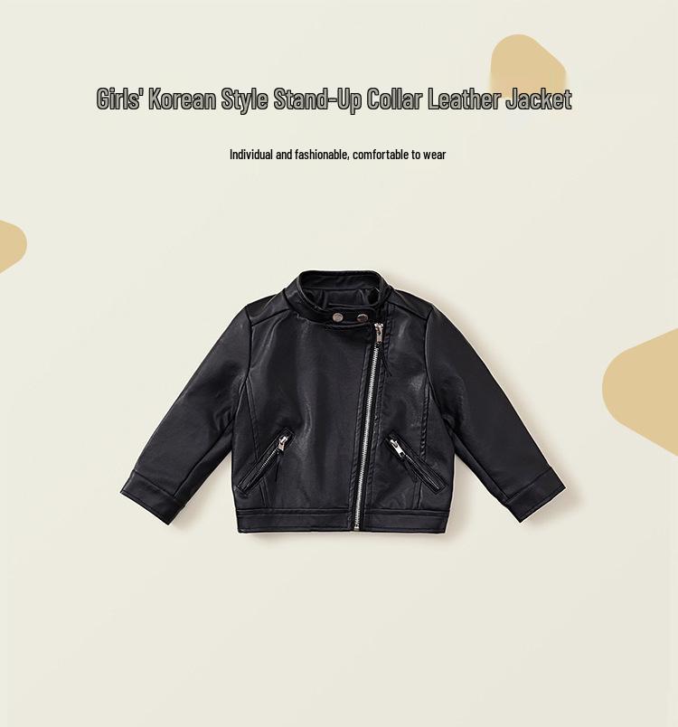 Kids' Korean-Style Leather Motorcycle Jacket - Long-Sleeve, Stand Collar, Autumn 2025 Collection