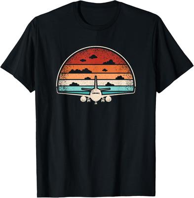 Retro Airplane Sunset Graphic Tee Men's Casual Breathable Cotton T-Shirt Pilot Aviator Flying