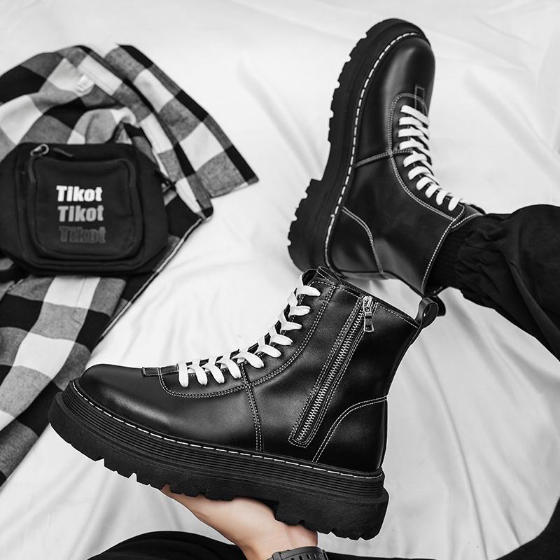 Fashion Men's High-Top Leather Boots Thick Bottom Fleece-Lined 2024 Autumn Winter New Men's Boots Breathable Non-Slip Men's Boots