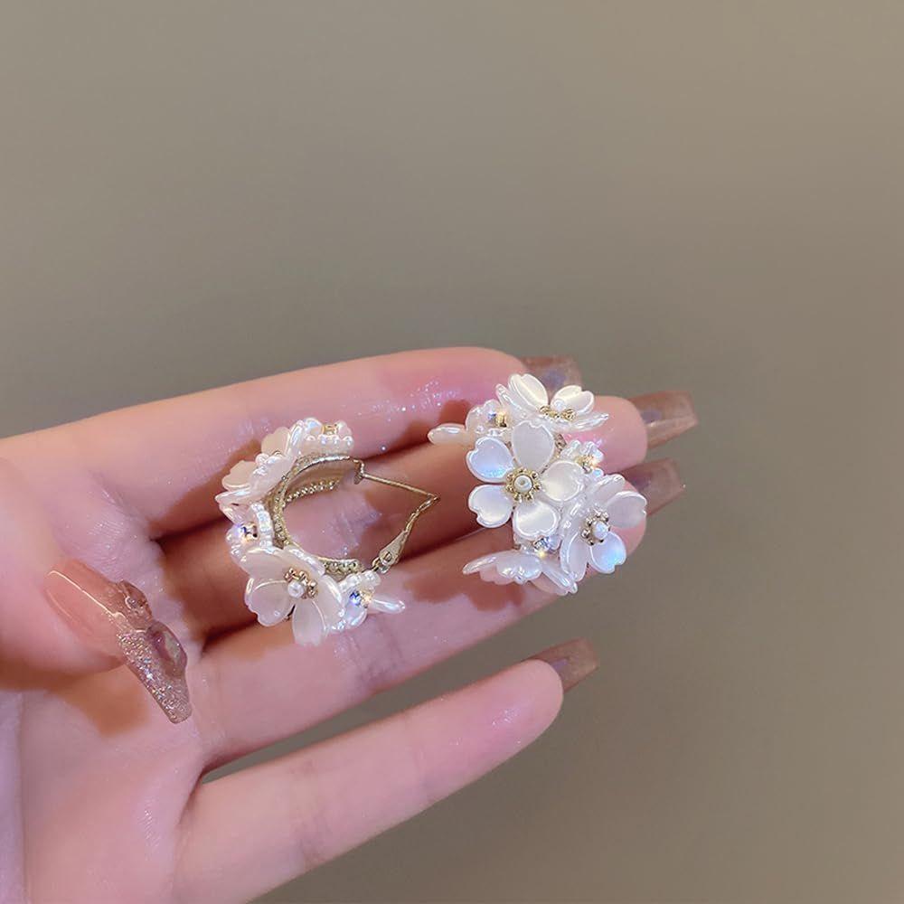 Latest Sweet Romantic Elegant White Flower Hoop Earrings | Stylish Shell Resin Delicate Pearl Flower Zircon Earrings | Trendy Versatile Jewellery