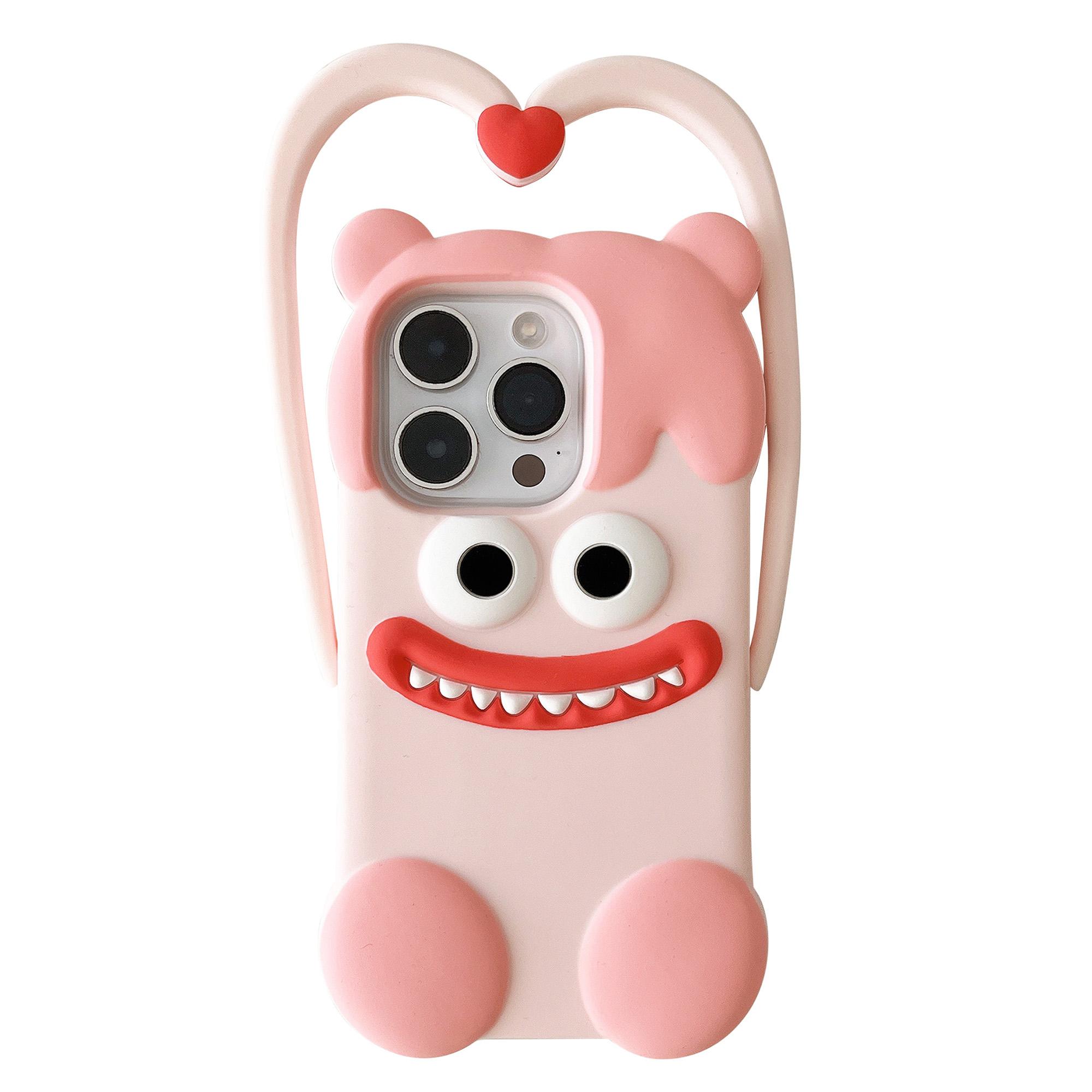 

For iPhone 16 Pro Silicone Case Cute Heart Monster Design Shockproof Phone Back Cover Pink