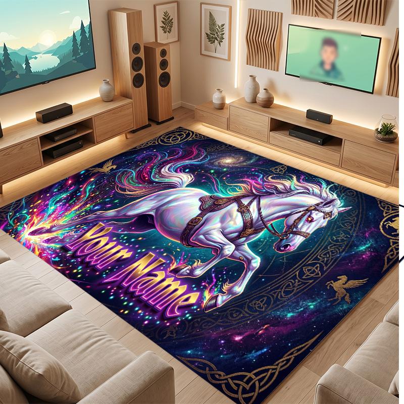 Horse Theme Soft Crystal Velvet Rug Custom Name & Text Print Non Slip Floor Rug for Bedroom Living Room