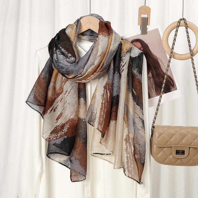 New Fashion Commuter Floral Print Versatile High-quality Balinese Yarn Cotton Linen Feel Women's Soft Scarf Sun Protection