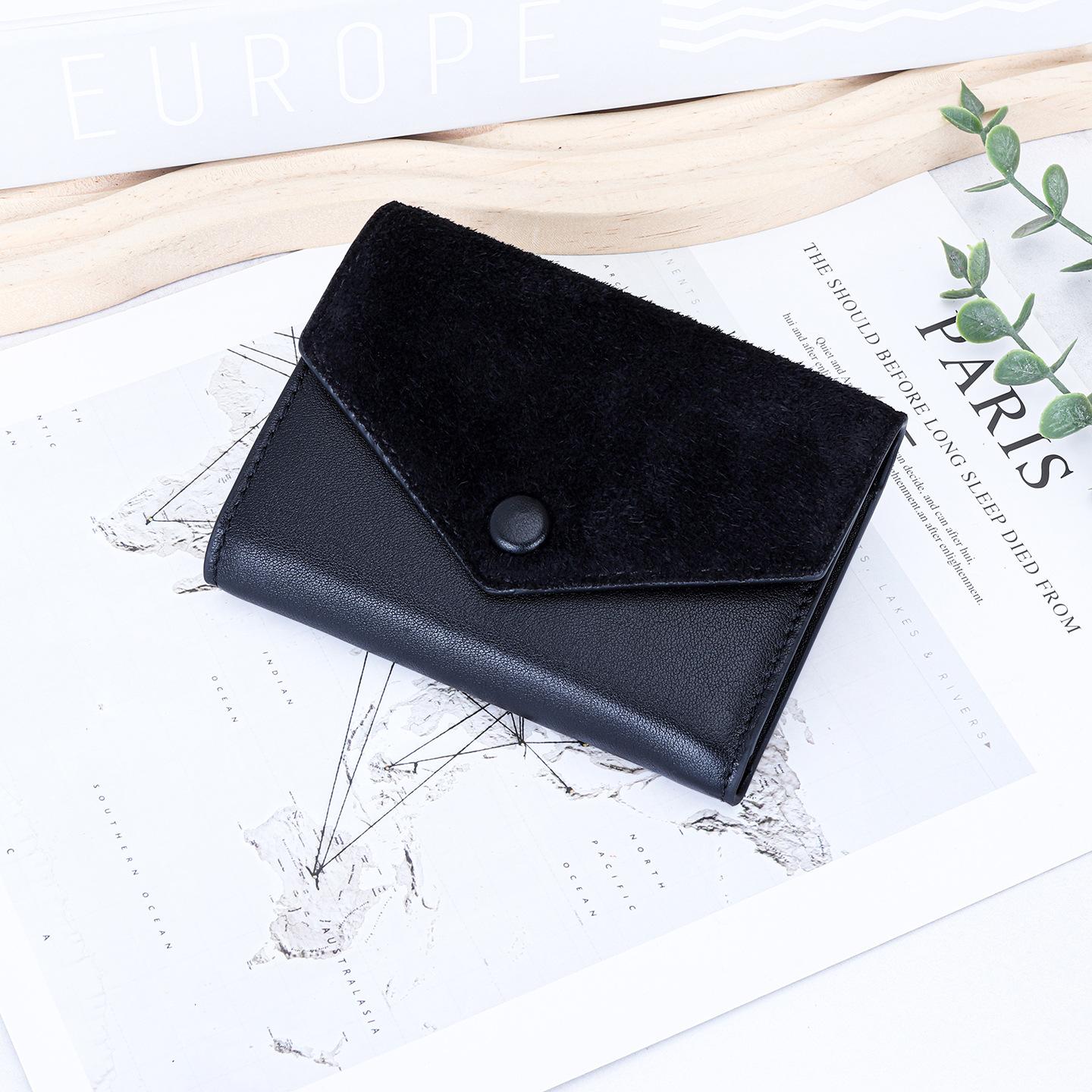 

Fashion Envelope Leather Trifold Wallet - Snap Button Card Organizer with Zipper Pocket, Elegant Short Clutch for Women чёрный
