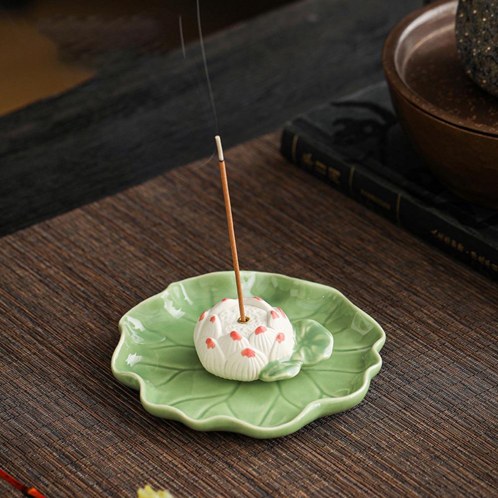 Creative Frog Lotus Ceramic Incense Holder with Lotus Leaf Tray Ash Catcher Zen Incense Burner Incense Stick Holder Home Decor