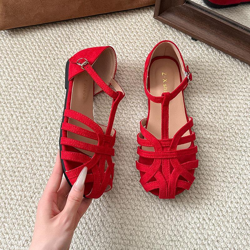 Fashion Retro Roman Sandals for Women, 2025 Summer New Round Toe Cutout Woven Single Shoes with Skirts