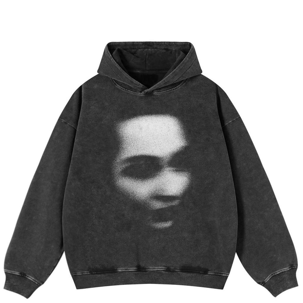Streetwear Blurred Face Graphic Side Pockets Pullover Unisex Oversized Washed Black Hoodie