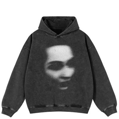 Streetwear Uklar Ansiktsgrafikk Sidelommer Genser Unisex Oversized Vasket Svart Hettegenser