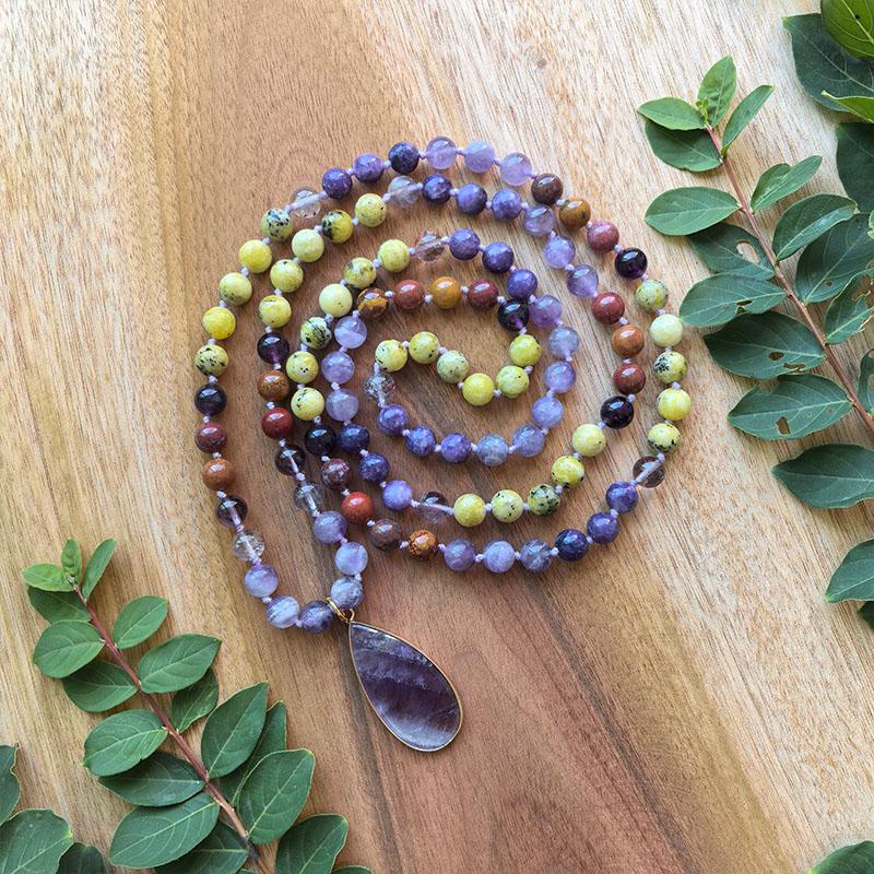 Lavender Amethyst,Lodolite,Yellow Pine Mala Necklace,108 Hand Knotted Meditation Necklace,Healing Crystals,Yoga Gift