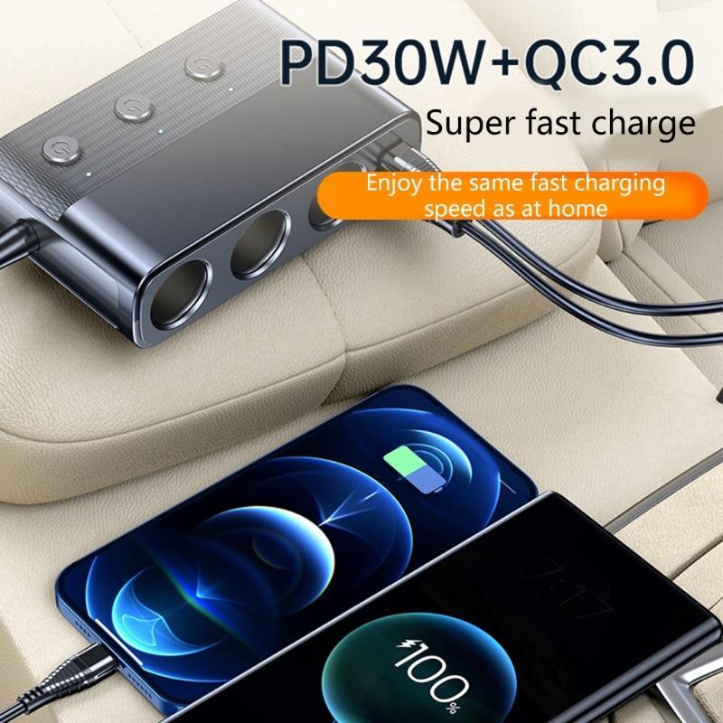 128W Car ChargerAdapter 3 Socket Splitter Charge 4 USB Ports Voltage Display with Independent Switches for Phone Tablet
