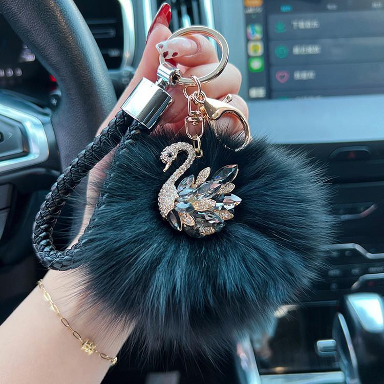 Crystal Swan Creative Fox Fur Car Keychain Exquisite Chic Keyring Bag Pendant