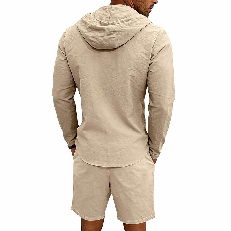 Men's Linen Casual Hooded Shirt & Shorts Set - Breathable, Long-Sleeved, Two-Piece.
