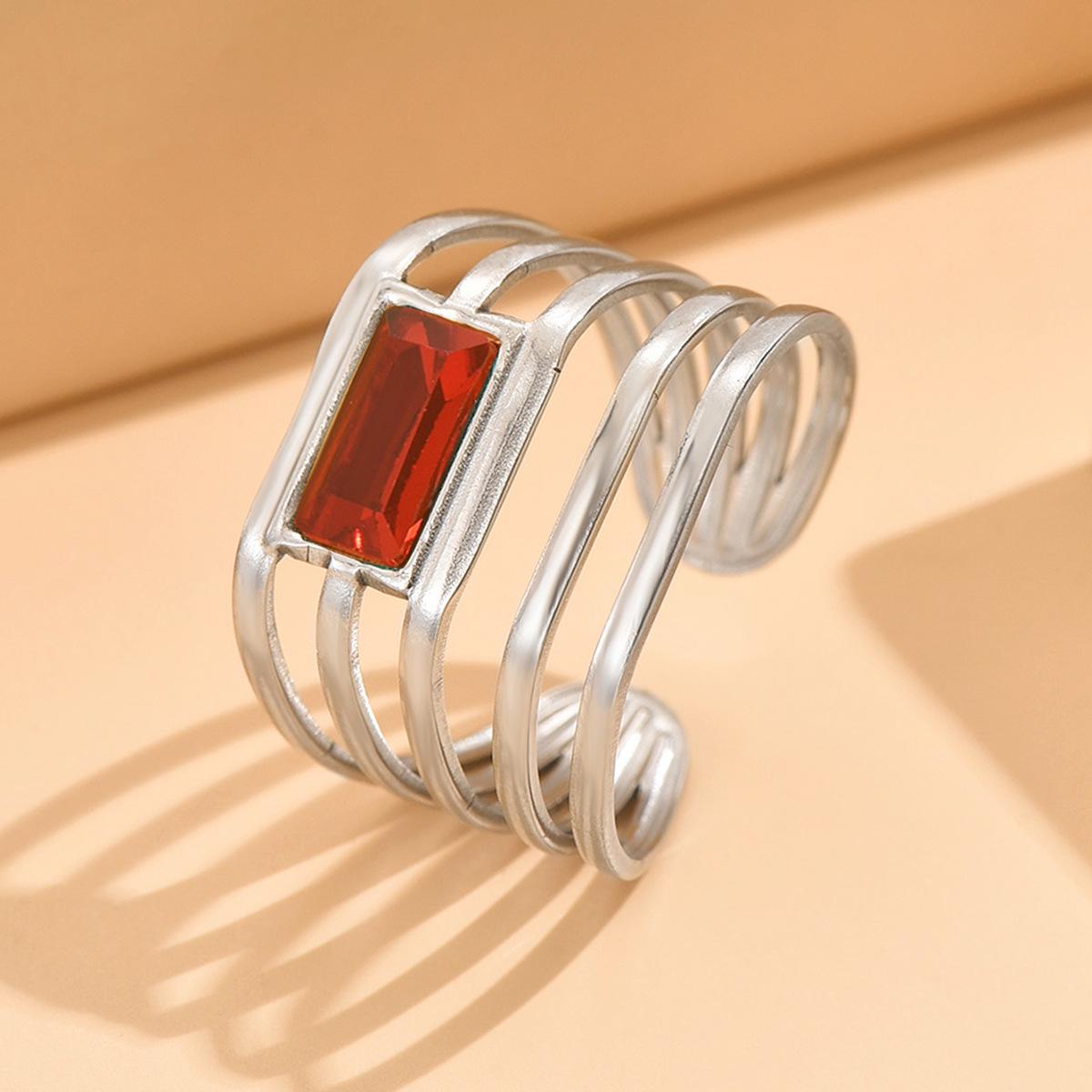 European  American Fashion Adjustable Geometric Rhinestone Red Crystal Stainless Steel Ring
