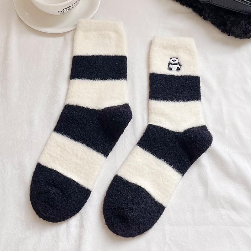 Australian Velvet Mink Velvet Warm Cotton Women'S Socks Thickened Warm Black And White Panda Cloth Label Women'S Medium Tube Socks Home Socks