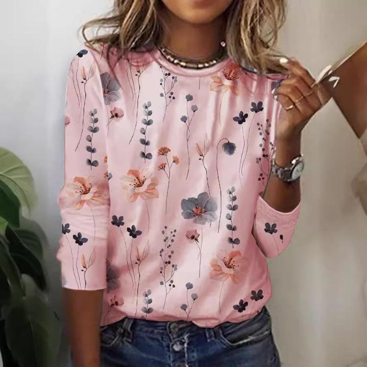 2023 European American Fashion Women Long Sleeve T-Shirt Floral Print Cross Border Trendy