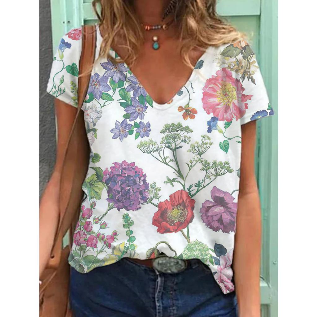 New 3D Printed Short Sleeved Women's Summer Casual Flower and Bird Print V-neck T-shirt