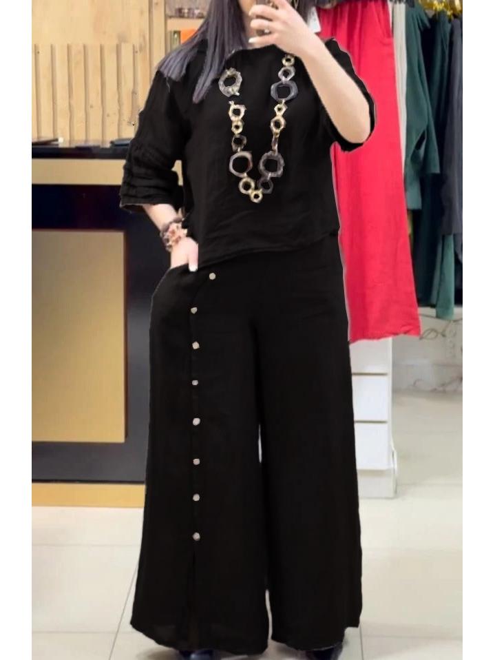 

2025 Casual Solid Color Three-Quarter Sleeve Top & Loose Pants Set Medium