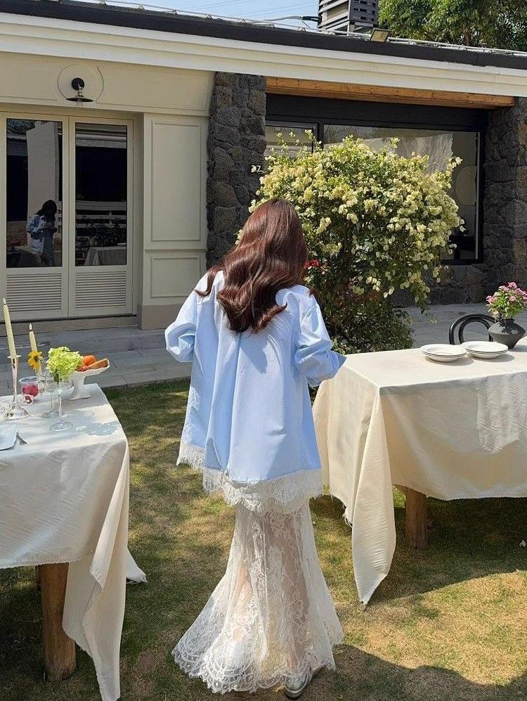 

Женская рубашка с длинным рукавом из голубого кружева в корейском стиле - Весна 2025: Свободный, Универсальный, Защита от солнца Отпускной стиль XXL