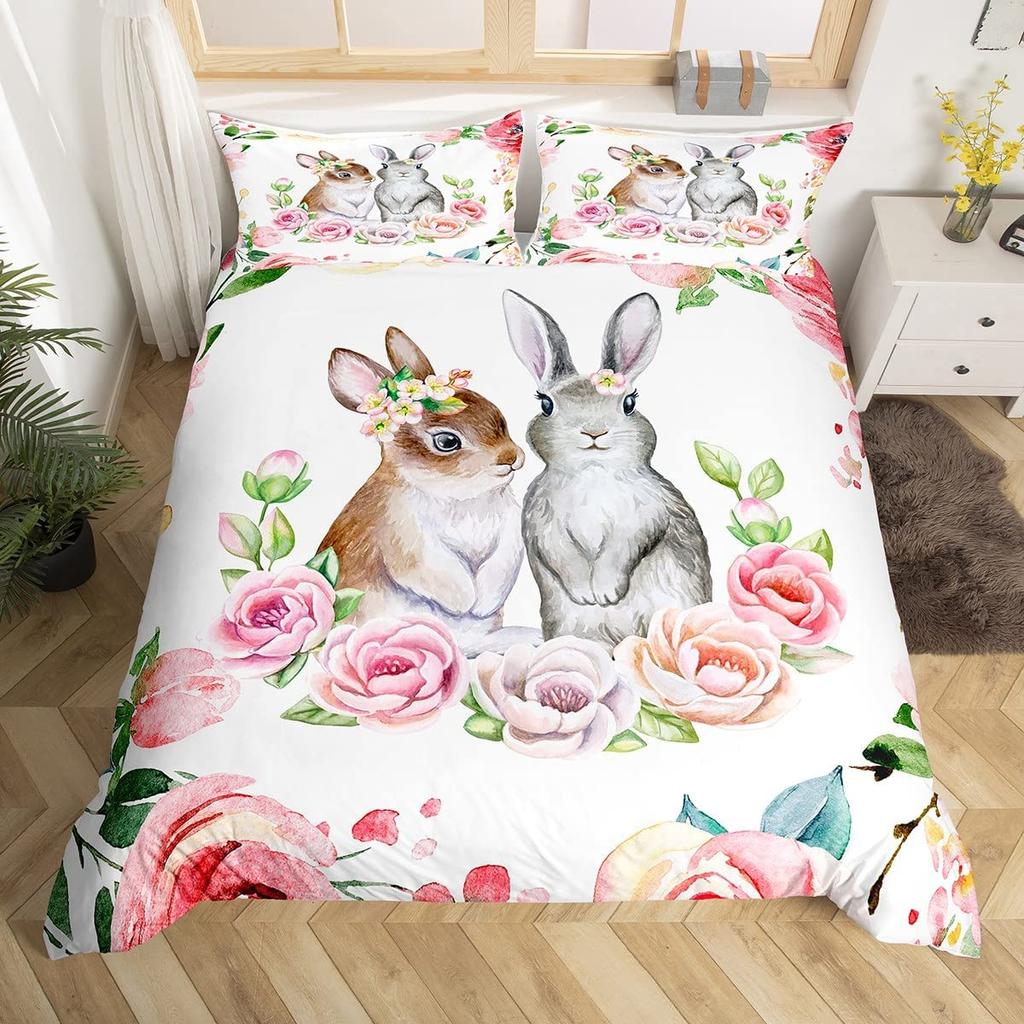 Cute Rabbit Duvet Cover Collection Twin Queen Colorful Flower Bedding Collection Microfiber Botanical Floral Cartoon Animal Comforter Cover