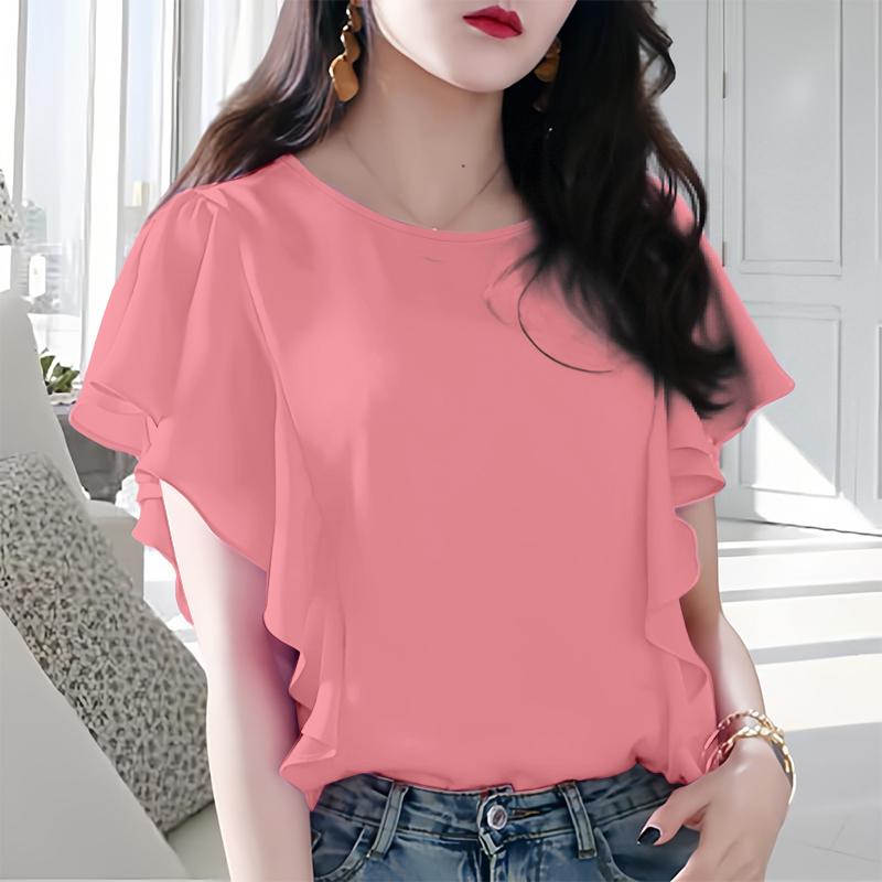 

ZANZEA Женская повседневная блузка с круглым вырезом, свободного кроя, с оборками, с коротким рукавом, однотонная S розовый