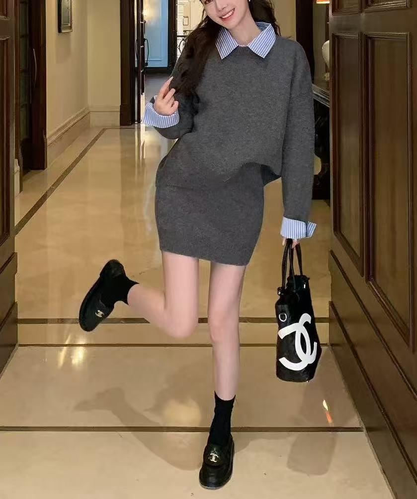 Women's Color Block Two-Piece Shirt Collar Sweater - Lazy Style Autumn Grey Knitwear Set