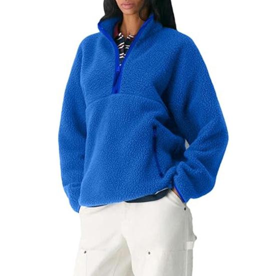 Damen Half-Zip Pullover Fleecejacke Langarm Stehkragen Sherpa Sweatshirt mit Taschen Herbst Flauschige Warme Oberbekleidung