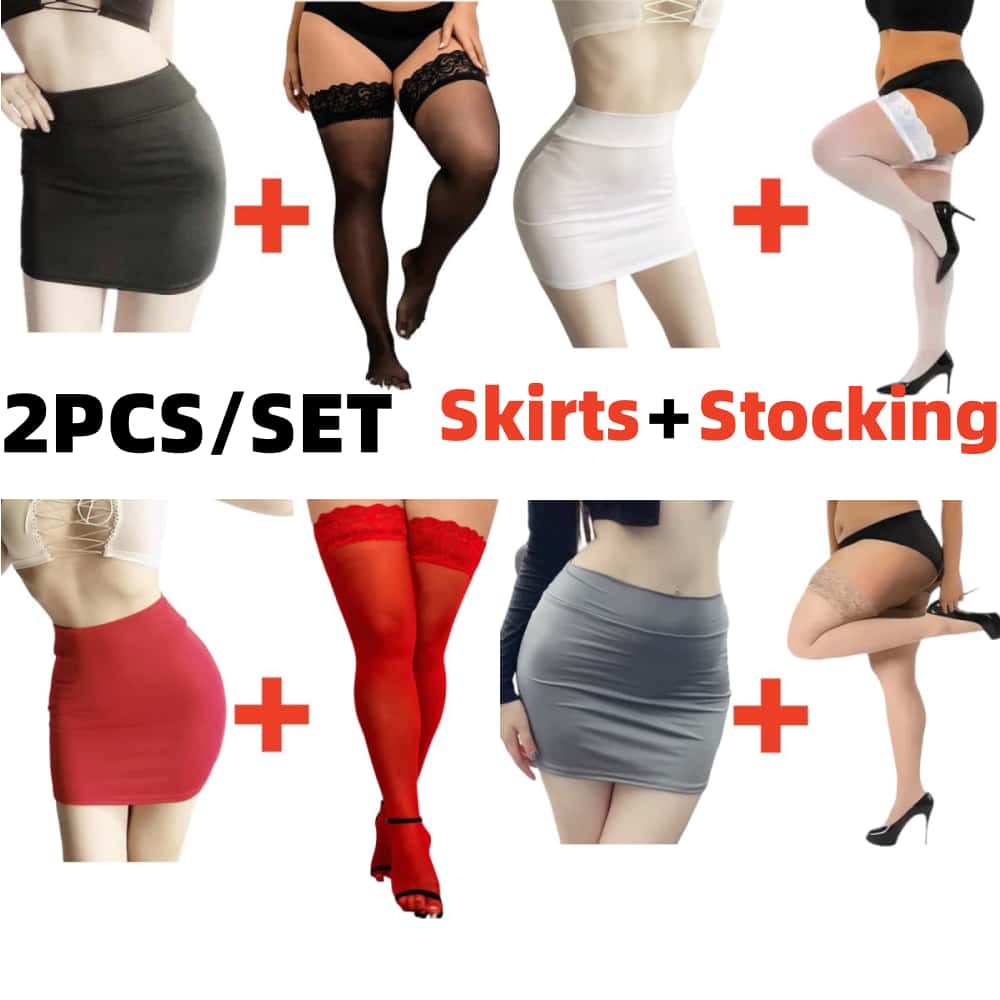 2PCS Mini Skirt + Stockings Set High Waist Skirts Sexy Casual Tight Party See Through Package Wrap Hip Short Skirts for Woman