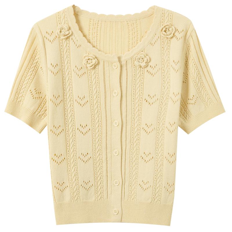 Sancai Women s Round Neck Short Sleeve Knit Cardigan S