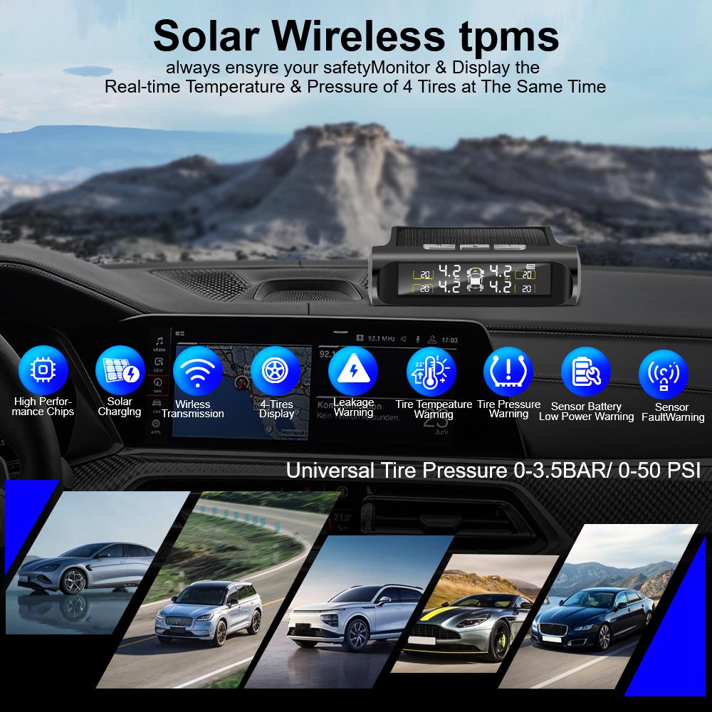 Auto Sicherheitsalarmsysteme Digitales LCD-Display Solarenergie Reifendruck Auto TPMS Reifendrucküberwachungssystem