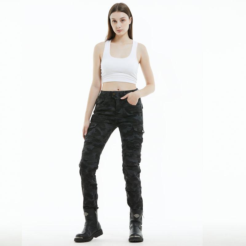 Pantalones de montar para mujer elásticos anti-caída, mono azul camuflaje multi-bolsillos para motocicleta, equipo de protección de silicona