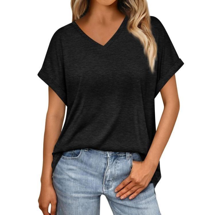 Damen Sommer V-Ausschnitt T-Shirt Locker Kurzarm Einfarbig Mode Top