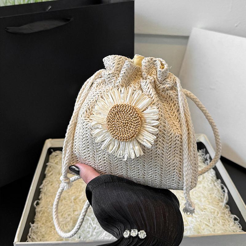 

Плетеная из ротанга женская соломенная сумка-сумка вязаная цветочная летняя пляжная сумка-мессенджер через плечо модная креативная сумка-ведро 13x5x15cm бежевый