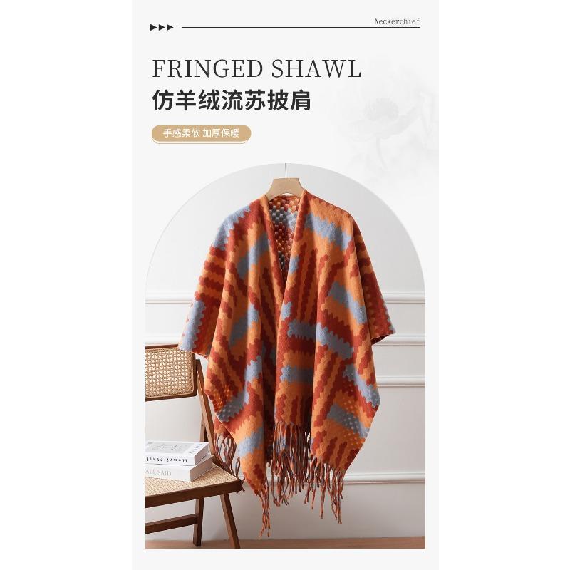 Women Long Ethnic Style Tassel Double Sided Warm Travel Shawl Cape