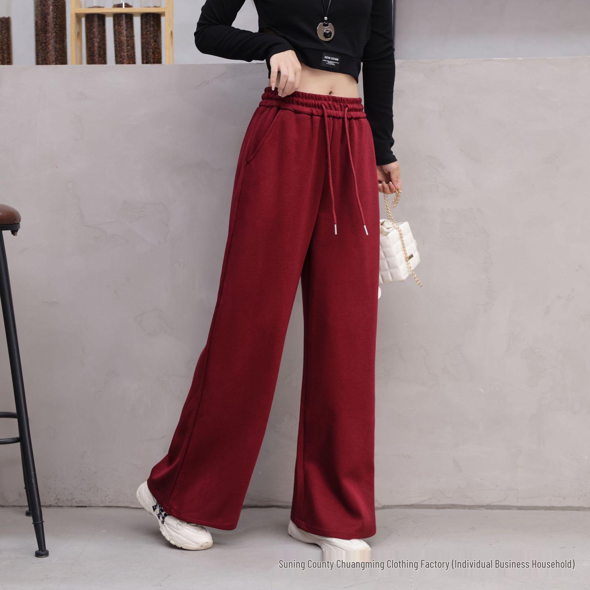Damen High-Waist Rote Weitbein-Hose - Schlankmachend, Einfarbig, Locker, Lässige Passform für Frühling & Herbst M